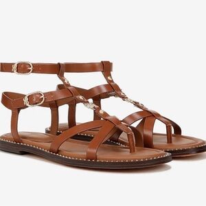 Sam Edelman Tan Leather Strappy Gladiator Sandals with Gold Accents